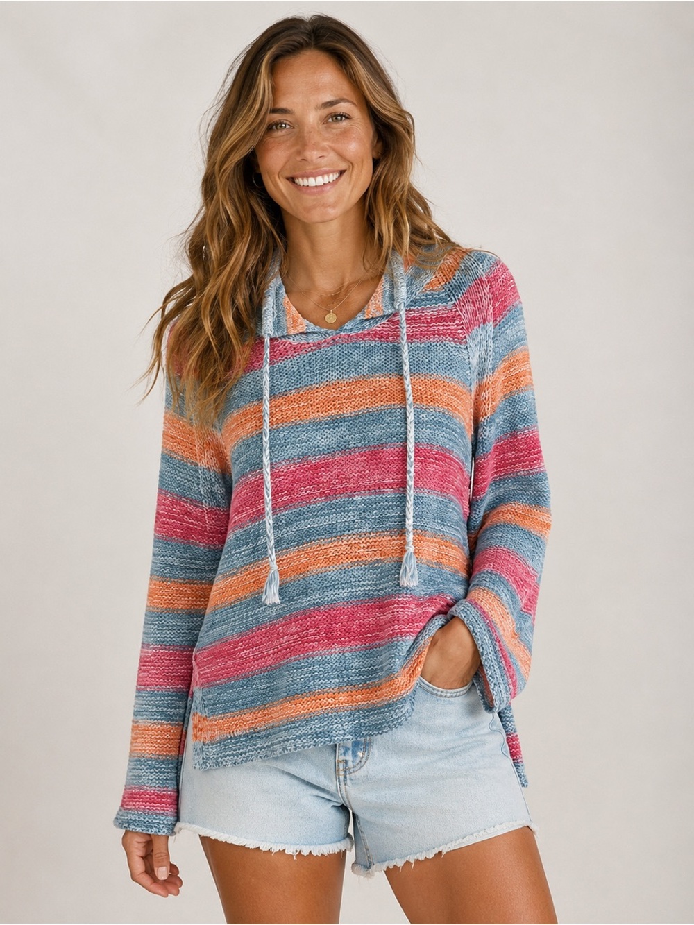 J. Jill Coastal Striped Cotton Linen Knit Sweater High Low Hem Size M